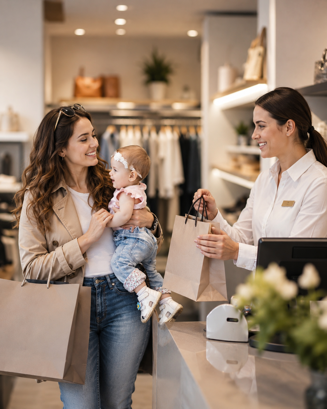 Shopper receiving friendly retail service while shopping with family