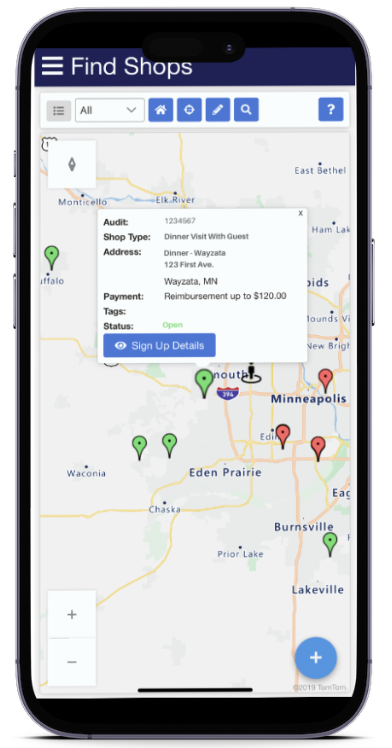 Secret Shopper mobile app map and shop assignment screen